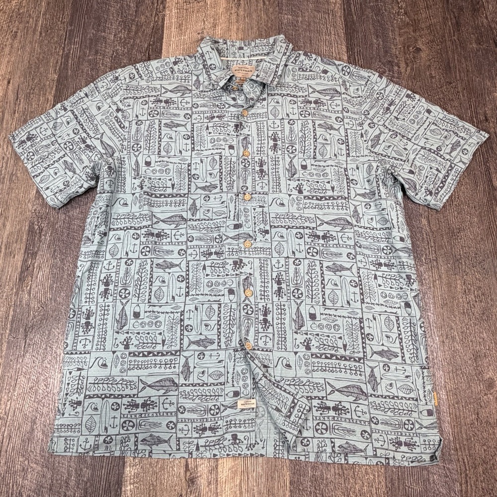 Quiksilver Waterman Collection Shirt Mens Large Aqua Hawaiian Fish Surf Modal